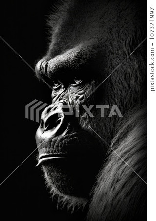 gorilla ape monkey portrait studio silhouette photo black white backlit motion contour tattoo 107321997