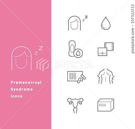 Premenstrual syndrome (PMS) line icon set Premenstrual syndrome (PMS) line icon set 107322513