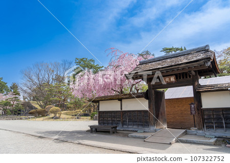 Exterior view of the Rinkaku tea room inside Aizuwakamatsu Castle in spring, when cherry blossoms are in bloom, Aizuwakamatsu City, Fukushima Prefecture Exterior view of the Rinkaku tea room inside Aizuwakamatsu Castle in spring, when cherry blossoms are in bloom, Aizuwakamatsu City, Fukushima Prefecture 107322752
