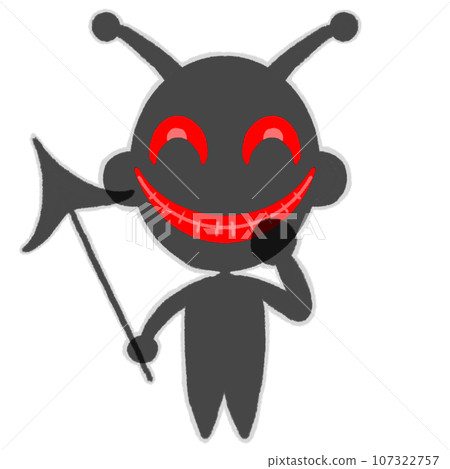 Illustration of a silhouette of a black horned figure holding a spear and smiling Illustration of a silhouette of a black horned figure holding a spear and smiling 107322757