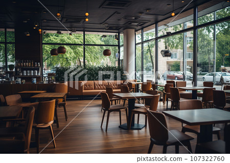 Modern empty coffee shop, trendy interior with wood and greenery 107322760