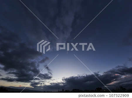 Early autumn dawn sky with powerful clouds, ultra-wide angle, sky-based, 230918am 107322909