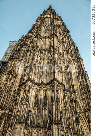 Cologne Cathedral unusual angle against transparent sky. Cologne Cathedral unusual angle against transparent sky. 107323016