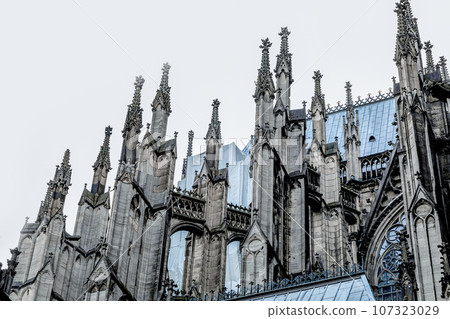 Cologne Cathedral unusual angle against transparent sky. Cologne Cathedral unusual angle against transparent sky. 107323029