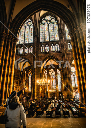 Cologne Cathedral unusual angle against transparent sky. 107323078