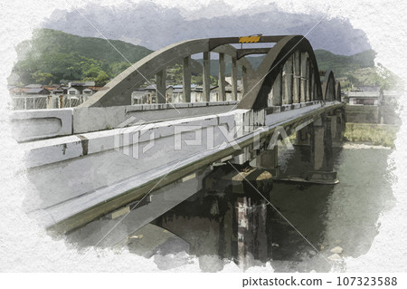 水彩畫風格成輪城市景觀成輪河岡山縣高橋市 107323588