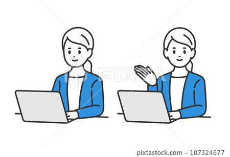 A set of businessperson women looking at a computer and posing as a guide [people vector illustration material] 107324677