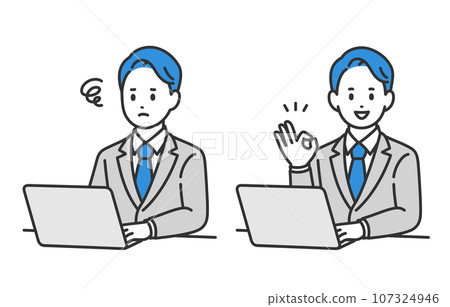 A set of business people looking at a computer and worrying and doing an OK pose [People vector illustration material] 107324946
