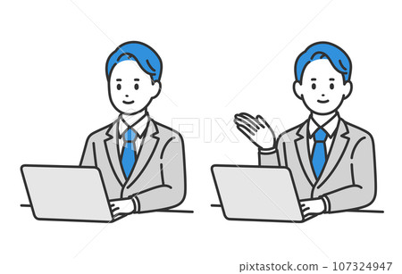 A set of business people looking at a computer and posing as a guide [people vector illustration material] 107324947
