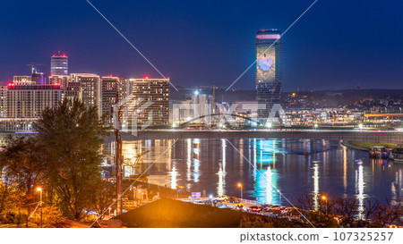 Night view of the Sava river and Belgrade waterfront in Belgrade Serbia 107325257