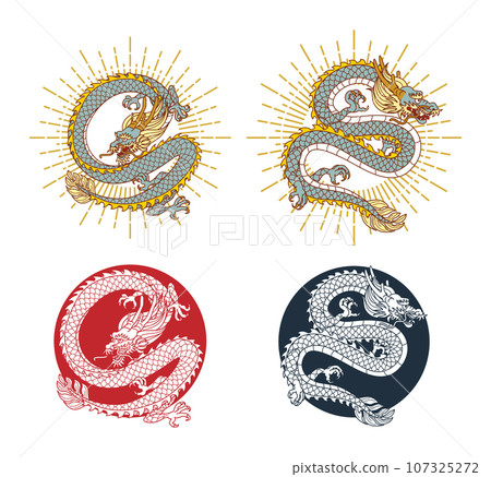 龍年賀年片材料套裝 線條描4件套-插圖素材 [107325272] - PIXTA圖庫