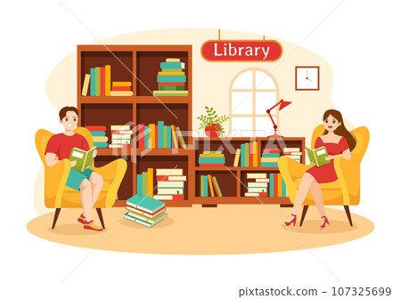 Library Vector Illustration of Book Shelves with Interior Wooden Furniture for Reading, Education and Knowledge in Flat Cartoon Background Design Library Vector Illustration of Book Shelves with Interior Wooden Furniture for Reading, Education and Knowledge in Flat Cartoon Background Design 107325699