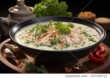 Delight in the creamy and spicy coconut soup with tender chicken Delight in the creamy and spicy coconut soup with tender chicken 107326712
