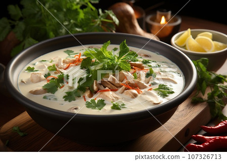 Delight in the creamy and spicy coconut soup with tender chicken  107326713