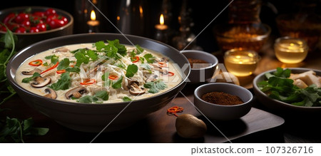 Delight in the creamy and spicy coconut soup with tender chicken  107326716