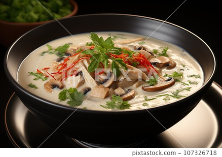 Delight in the creamy and spicy coconut soup with tender chicken Delight in the creamy and spicy coconut soup with tender chicken 107326718
