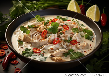 Delight in the creamy and spicy coconut soup with tender chicken Delight in the creamy and spicy coconut soup with tender chicken 107326719