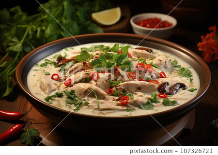 Delight in the creamy and spicy coconut soup with tender chicken Delight in the creamy and spicy coconut soup with tender chicken 107326721