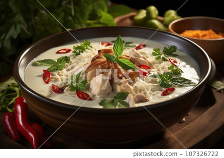 Delight in the creamy and spicy coconut soup with tender chicken Delight in the creamy and spicy coconut soup with tender chicken 107326722