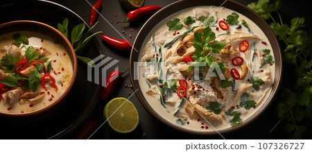 Delight in the creamy and spicy coconut soup with tender chicken  107326727