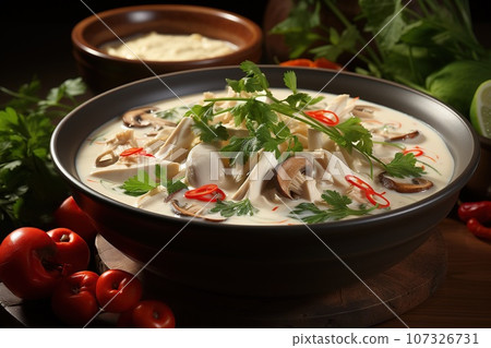 Delight in the creamy and spicy coconut soup with tender chicken Delight in the creamy and spicy coconut soup with tender chicken 107326731