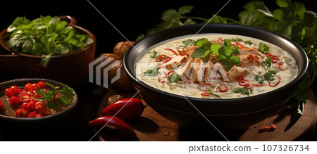 Delight in the creamy and spicy coconut soup with tender chicken Delight in the creamy and spicy coconut soup with tender chicken 107326734