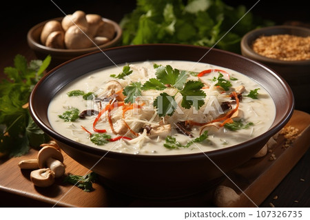 Delight in the creamy and spicy coconut soup with tender chicken  107326735