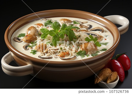 Delight in the creamy and spicy coconut soup with tender chicken  107326736