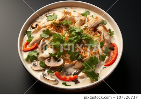 Delight in the creamy and spicy coconut soup with tender chicken Delight in the creamy and spicy coconut soup with tender chicken 107326737