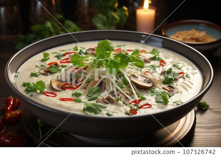 Delight in the creamy and spicy coconut soup with tender chicken Delight in the creamy and spicy coconut soup with tender chicken 107326742