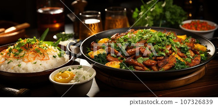 Experience the enticing flavors of Thai-style turmeric pork stir-fry 107326839