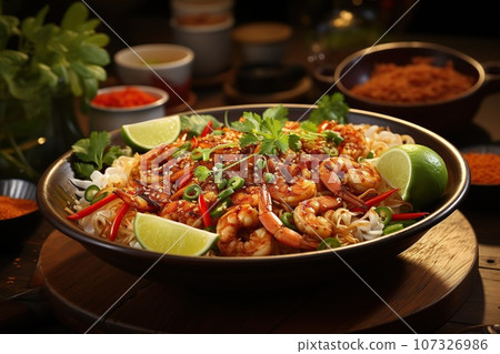 Experience the iconic Thai stir-fried noodle dish, combining tamarind, peanuts, and fresh lime Experience the iconic Thai stir-fried noodle dish, combining tamarind, peanuts, and fresh lime 107326986