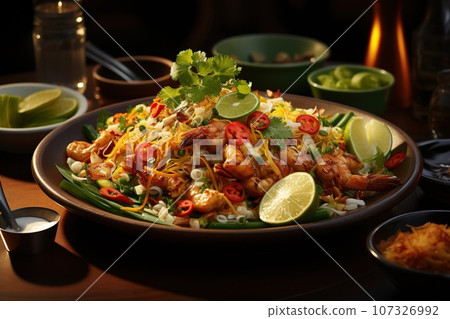 Experience the iconic Thai stir-fried noodle dish, combining tamarind, peanuts, and fresh lime Experience the iconic Thai stir-fried noodle dish, combining tamarind, peanuts, and fresh lime 107326992