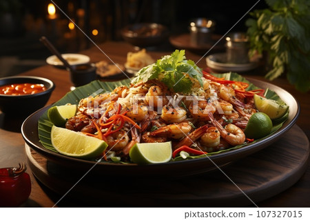 Experience the iconic Thai stir-fried noodle dish, combining tamarind, peanuts, and fresh lime Experience the iconic Thai stir-fried noodle dish, combining tamarind, peanuts, and fresh lime 107327015