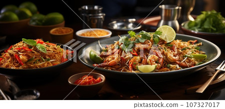 Experience the iconic Thai stir-fried noodle dish, combining tamarind, peanuts, and fresh lime Experience the iconic Thai stir-fried noodle dish, combining tamarind, peanuts, and fresh lime 107327017