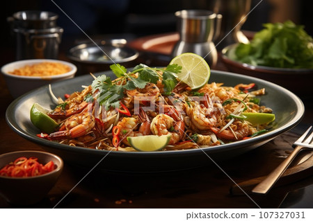 Experience the iconic Thai stir-fried noodle dish, combining tamarind, peanuts, and fresh lime 107327031