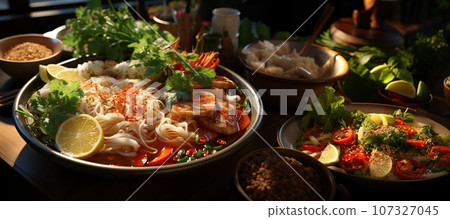 Thai Rice Noodles, through, Delicate rice noodles adorned.  107327045