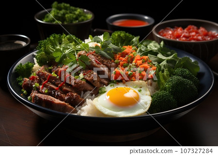 fried egg with vegetables 107327284