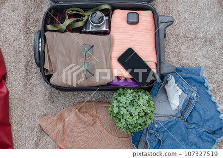 arrangement of clothes and accessories in a suitcase,Travel concept. 107327519
