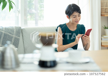 在客廳裡操作智能手機的女人 在客廳裡操作智能手機的女人 107327562