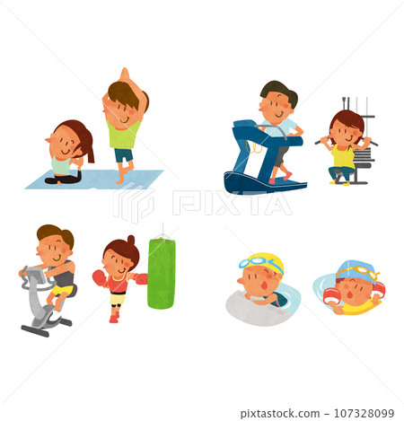 Illustration of a family sweating at the gym 107328099