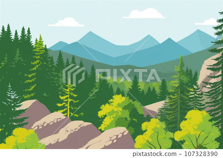 Hiking background illustration trees and mountains 22 Hiking background illustration trees and mountains 22 107328390