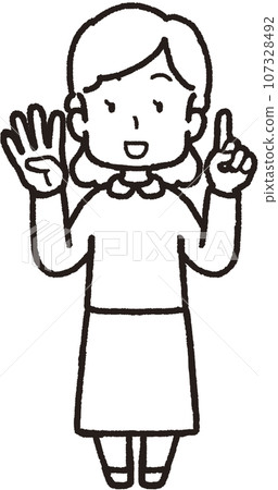 一幅全身線條畫插圖,描繪了一位微笑的女士用左手一根手指、右手四根手指打出 41 個手勢。 一幅全身線條畫插圖,描繪了一位微笑的女士用左手一根手指、右手四根手指打出 41 個手勢。 107328492