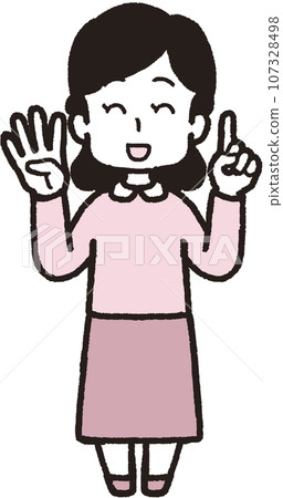 一位微笑的女士用左手一根手指、右手四根手指做出 41 個手勢的全身插圖 一位微笑的女士用左手一根手指、右手四根手指做出 41 個手勢的全身插圖 107328498
