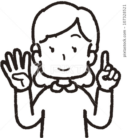 Upper body line drawing illustration of a smiling woman doing 41 hand signs with one finger on her left hand and four fingers on her right hand Upper body line drawing illustration of a smiling woman doing 41 hand signs with one finger on her left hand and four fingers on her right hand 107328521
