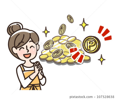 Illustration of a coin with the image of points and a happy woman Illustration of a coin with the image of points and a happy woman 107328638