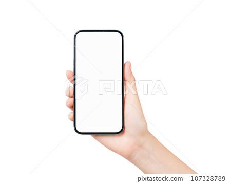 Clipping path, woman hand holding the black smartphone with blank screen on white background. 107328789
