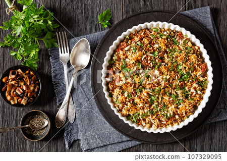 mushrooms ground meat casserole in dish, top view mushrooms ground meat casserole in dish, top view 107329095