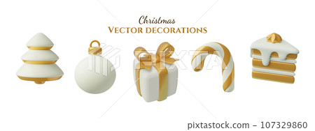 White and gold Christmas 3d icons set. Minimal toy three dimensional New Year and winter decorations 107329860