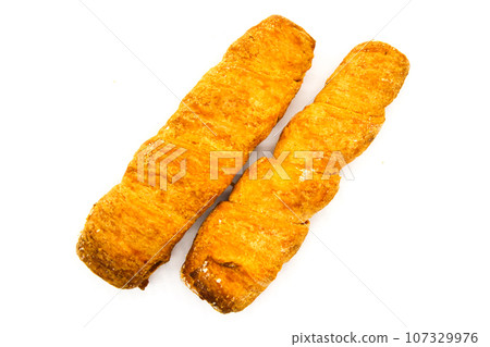 Puff cream Rolls on white background with selective focus 107329976